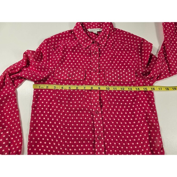 Pink and white polka dot long sleeve sheer button up size XXS ^ EUC - Picture 7 of 8